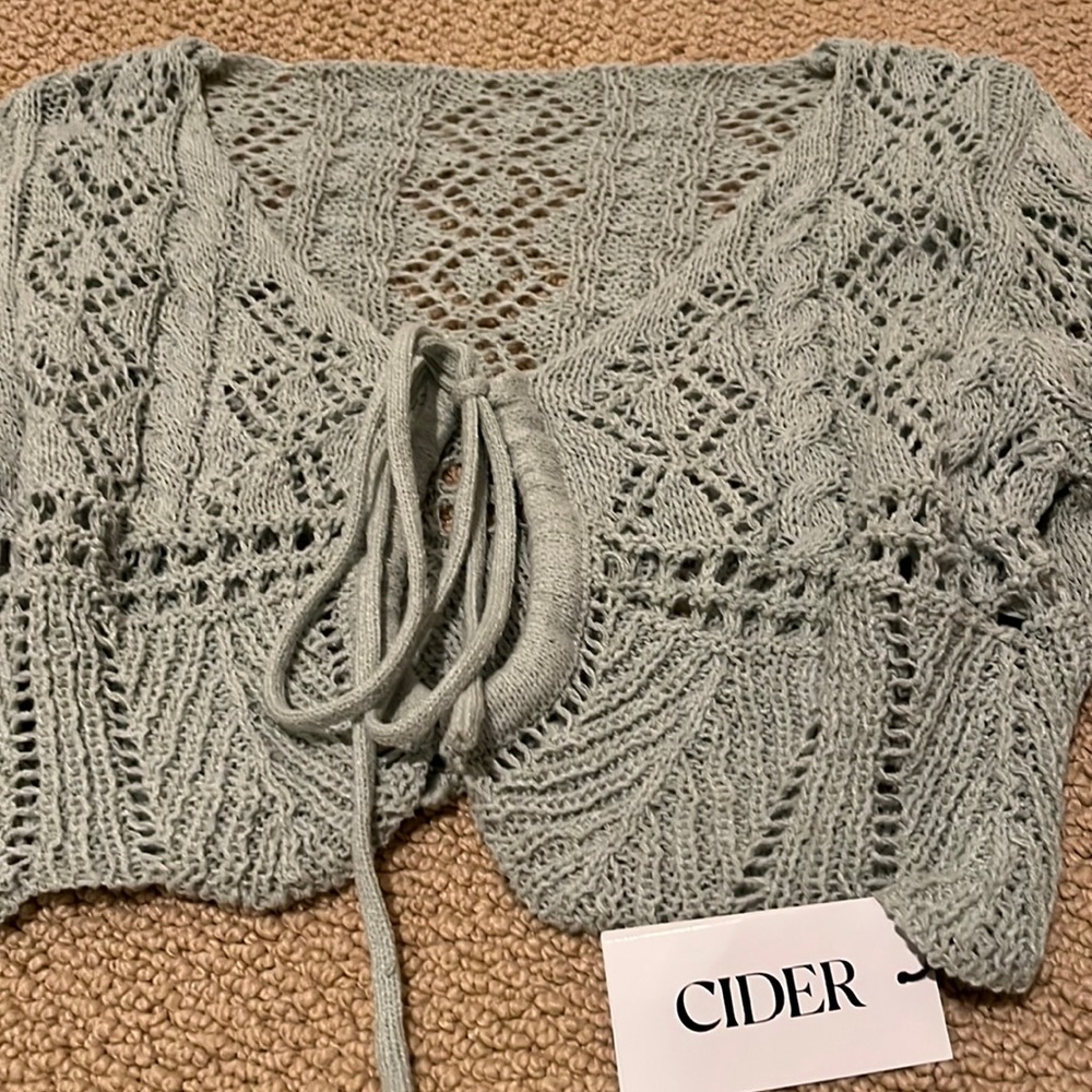 Daisy Jones vibes! Cute cropped crochet cardi in a minty sage.